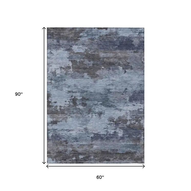 5' X 8' Blue And Charcoal Abstract Washable Indoor Outdoor Area Rug