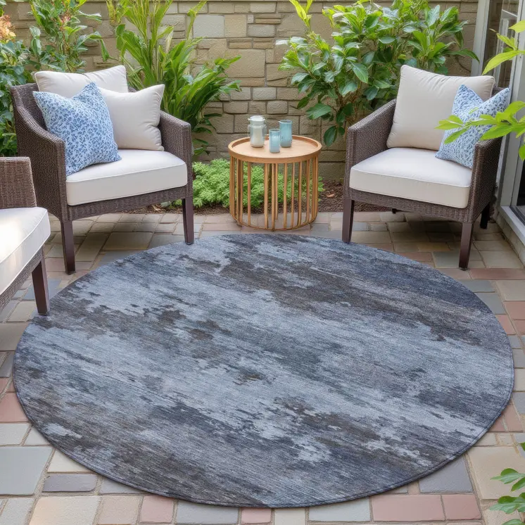 8' Blue And Charcoal Round Abstract Washable Indoor Outdoor Area Rug