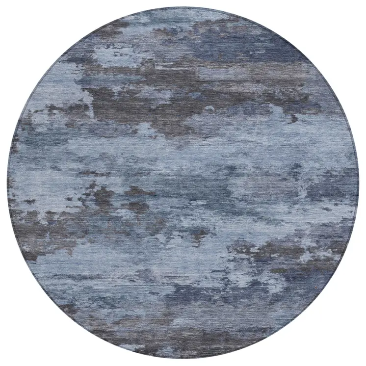 8' Blue And Charcoal Round Abstract Washable Indoor Outdoor Area Rug