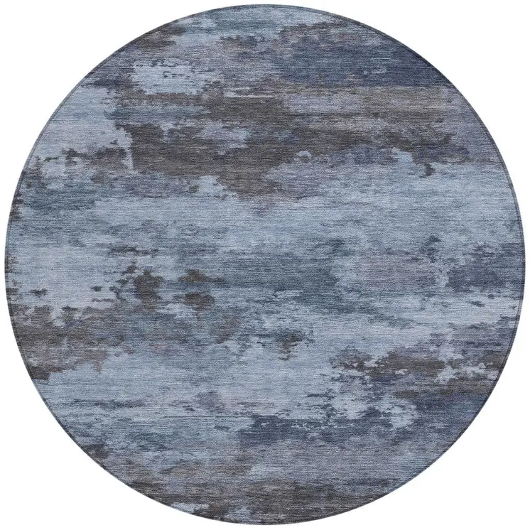 8' Blue And Charcoal Round Abstract Washable Indoor Outdoor Area Rug