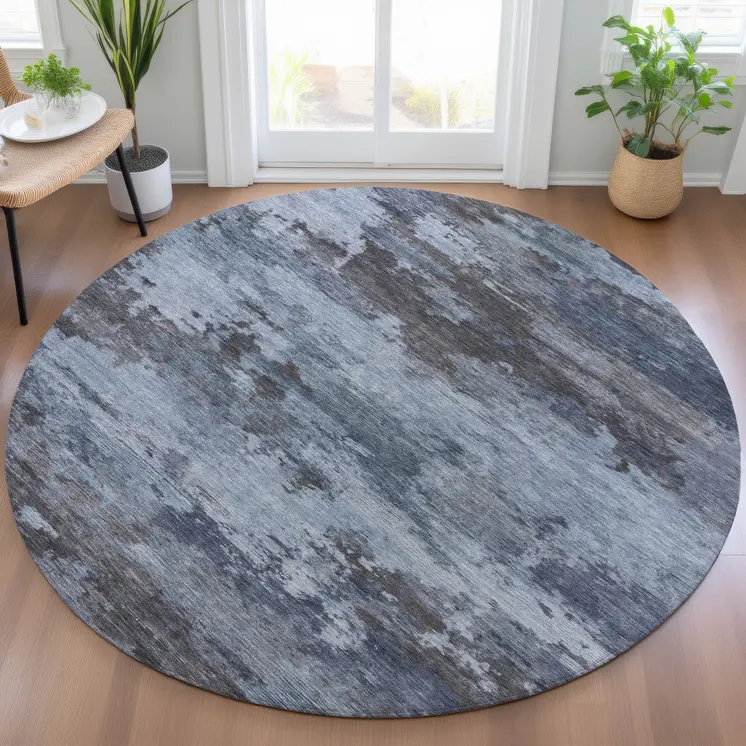 8' Blue And Charcoal Round Abstract Washable Indoor Outdoor Area Rug