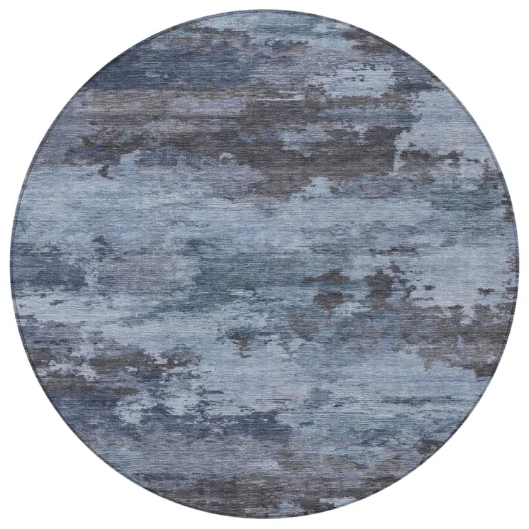 8' Blue And Charcoal Round Abstract Washable Indoor Outdoor Area Rug