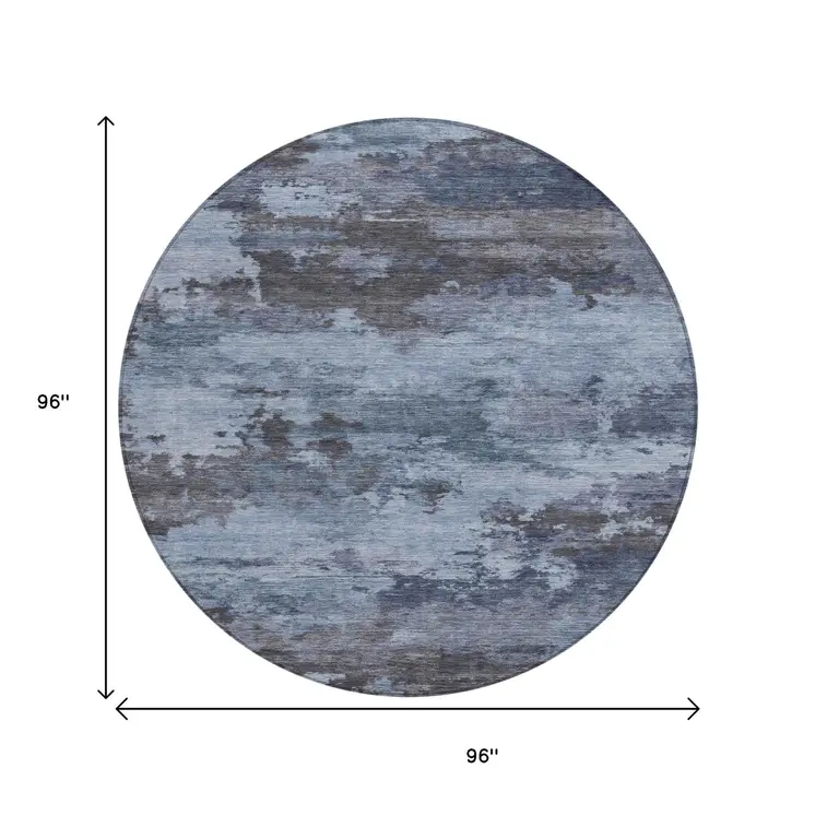 8' Blue And Charcoal Round Abstract Washable Indoor Outdoor Area Rug