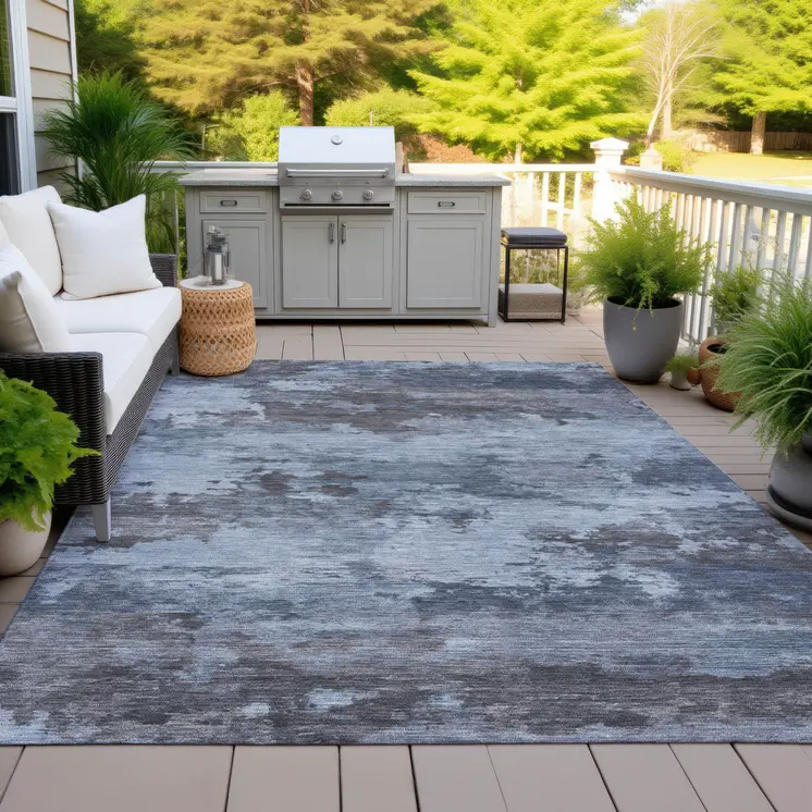 8' X 10' Blue And Charcoal Abstract Washable Indoor Outdoor Area Rug