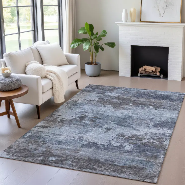 8' X 10' Blue And Charcoal Abstract Washable Indoor Outdoor Area Rug