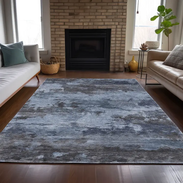 9' X 12' Blue And Charcoal Abstract Washable Indoor Outdoor Area Rug