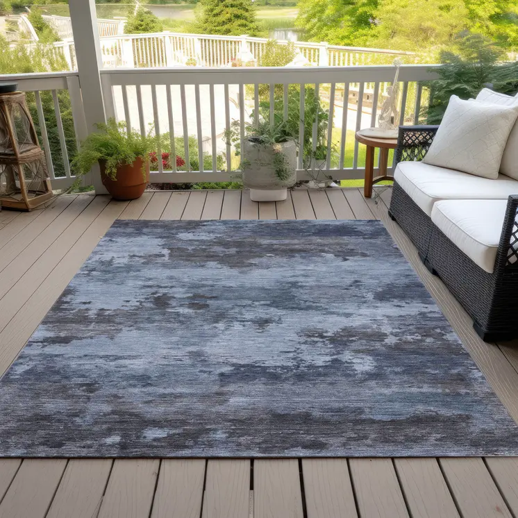 9' X 12' Blue And Charcoal Abstract Washable Indoor Outdoor Area Rug