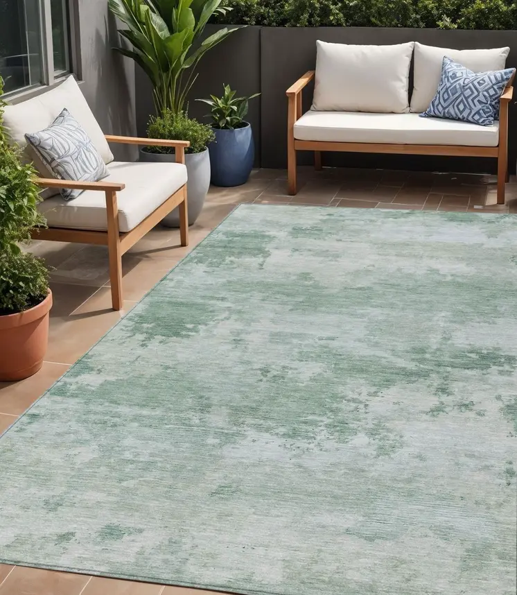 5' X 8' Mint Green And Pale Aqua Abstract Washable Indoor Outdoor Area Rug