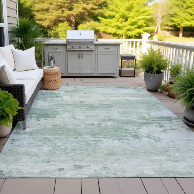 10' X 14' Mint Green And Pale Aqua Abstract Washable Indoor Outdoor Area Rug