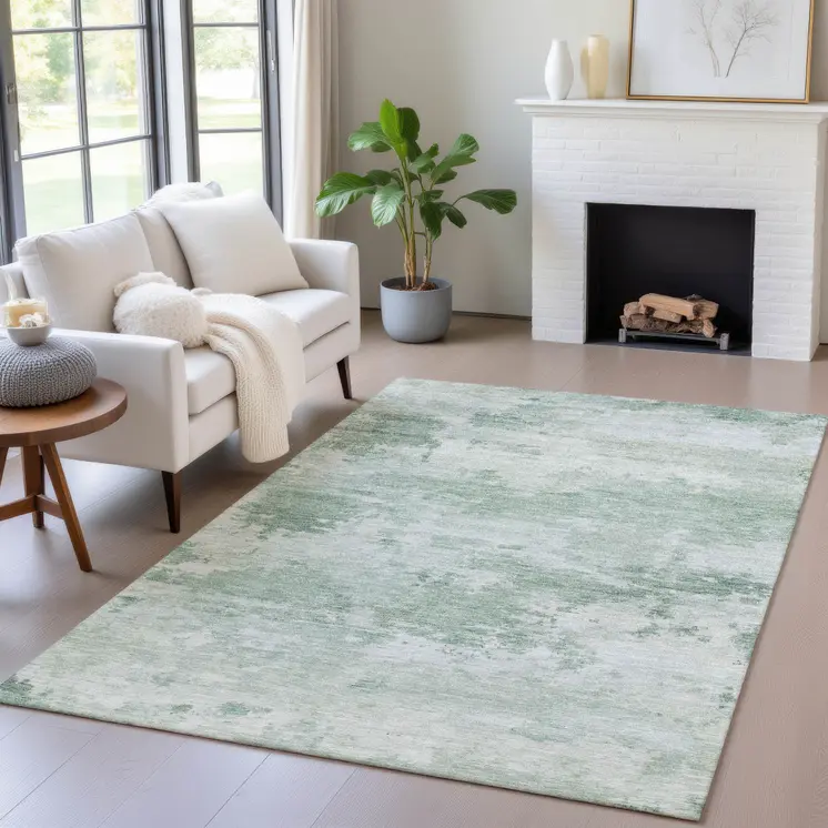 10' X 14' Mint Green And Pale Aqua Abstract Washable Indoor Outdoor Area Rug