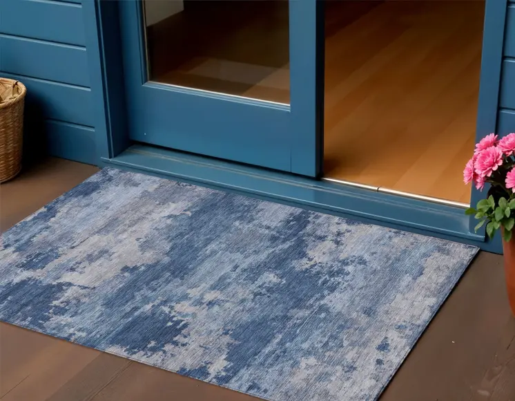 3' X 5' Navy Blue And Ivory Abstract Washable Indoor Outdoor Area Rug