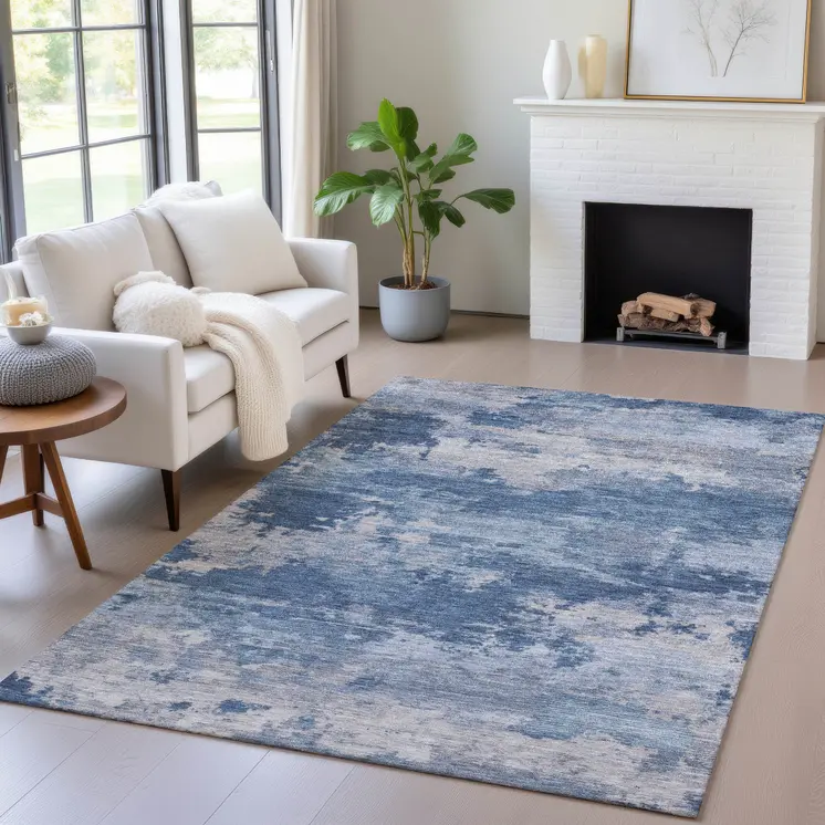 3' X 5' Navy Blue And Ivory Abstract Washable Indoor Outdoor Area Rug