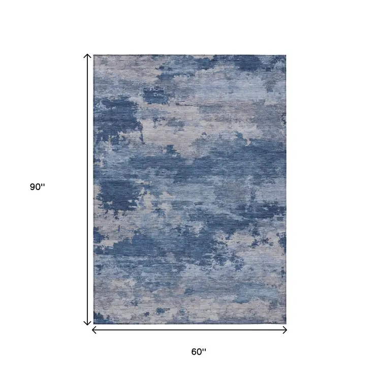 5' X 8' Navy Blue And Ivory Abstract Washable Indoor Outdoor Area Rug