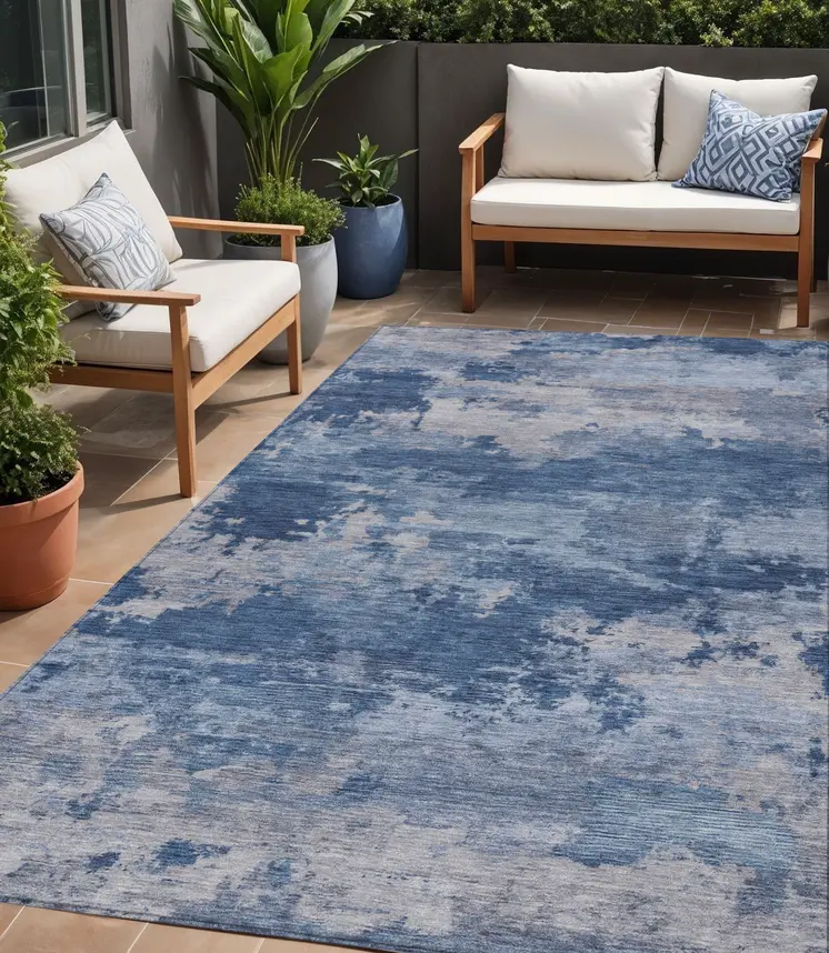 5' X 8' Navy Blue And Ivory Abstract Washable Indoor Outdoor Area Rug