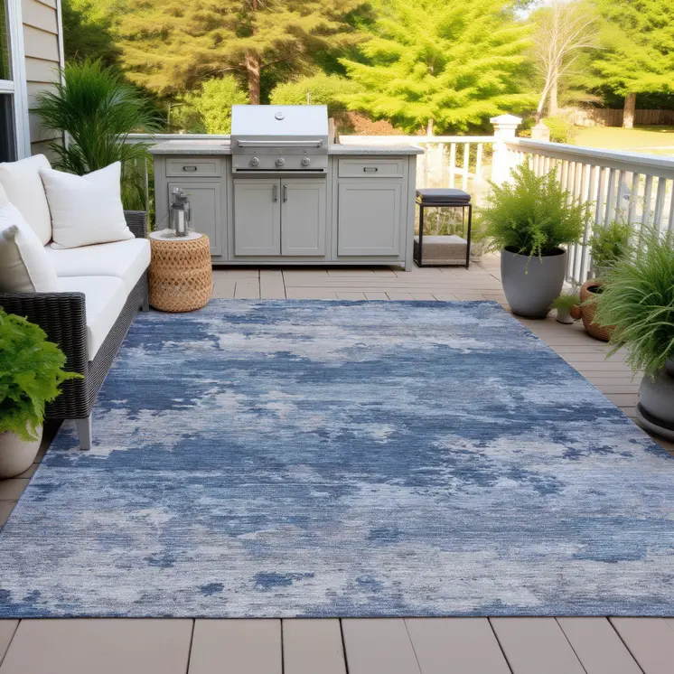 5' X 8' Navy Blue And Ivory Abstract Washable Indoor Outdoor Area Rug