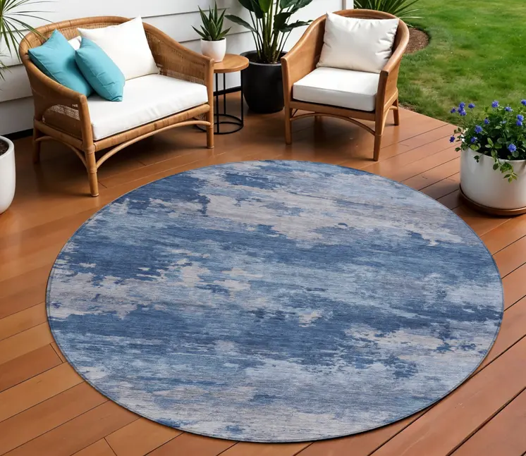 8' Navy Blue And Ivory Round Abstract Washable Indoor Outdoor Area Rug