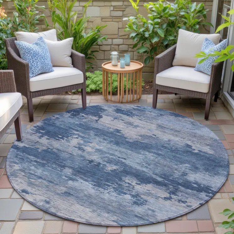 8' Navy Blue And Ivory Round Abstract Washable Indoor Outdoor Area Rug