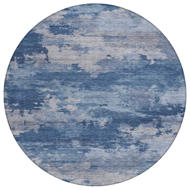 8' Navy Blue And Ivory Round Abstract Washable Indoor Outdoor Area Rug