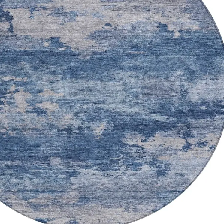 8' Navy Blue And Ivory Round Abstract Washable Indoor Outdoor Area Rug