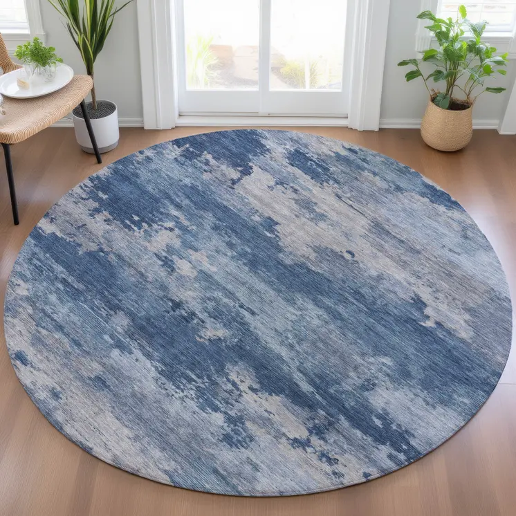 8' Navy Blue And Ivory Round Abstract Washable Indoor Outdoor Area Rug