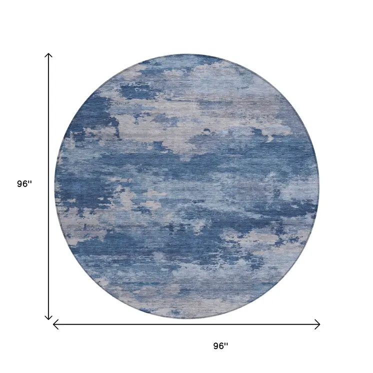 8' Navy Blue And Ivory Round Abstract Washable Indoor Outdoor Area Rug