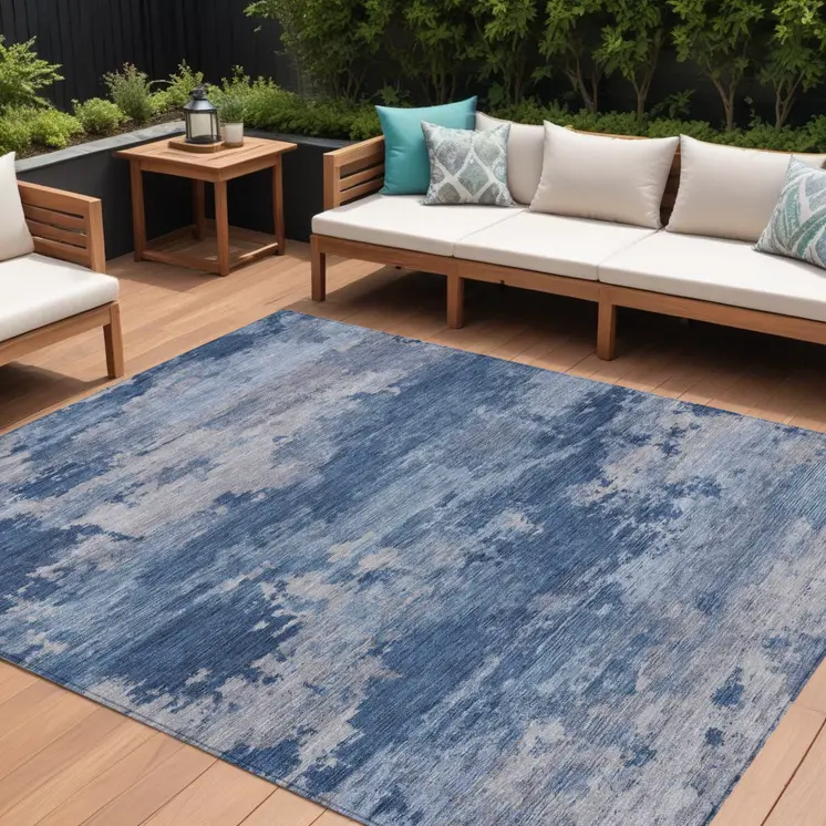 8' X 10' Navy Blue And Ivory Abstract Washable Indoor Outdoor Area Rug