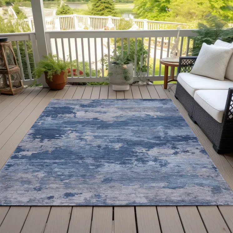 9' X 12' Navy Blue And Ivory Abstract Washable Indoor Outdoor Area Rug