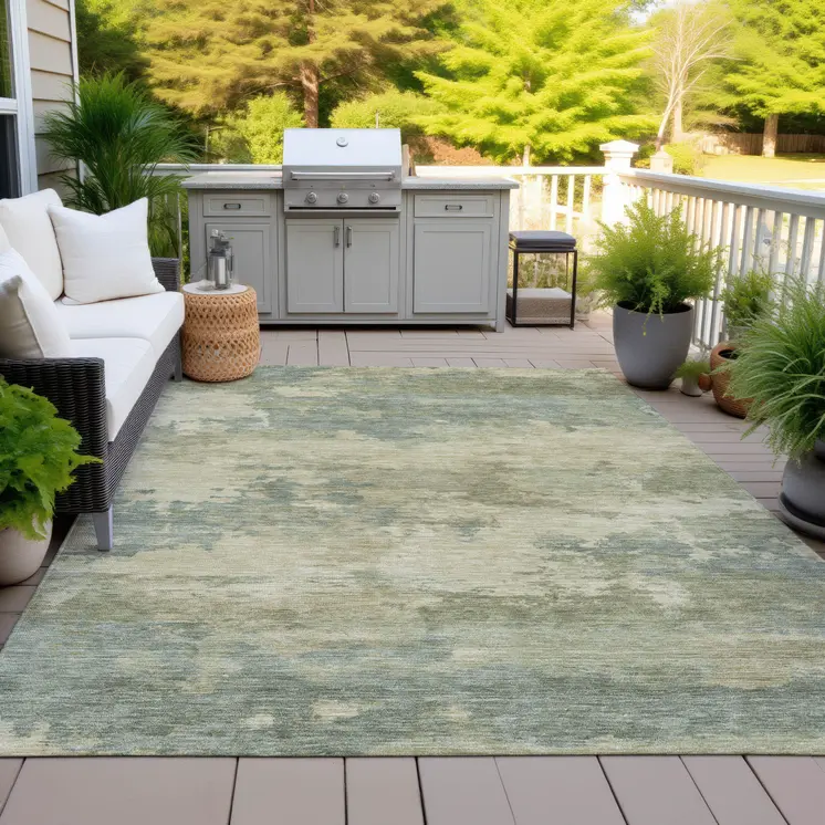 3' X 5' Pale Aqua And Khaki Abstract Washable Indoor Outdoor Area Rug