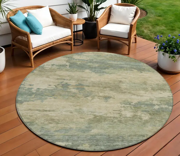 8' Pale Aqua And Khaki Round Abstract Washable Indoor Outdoor Area Rug