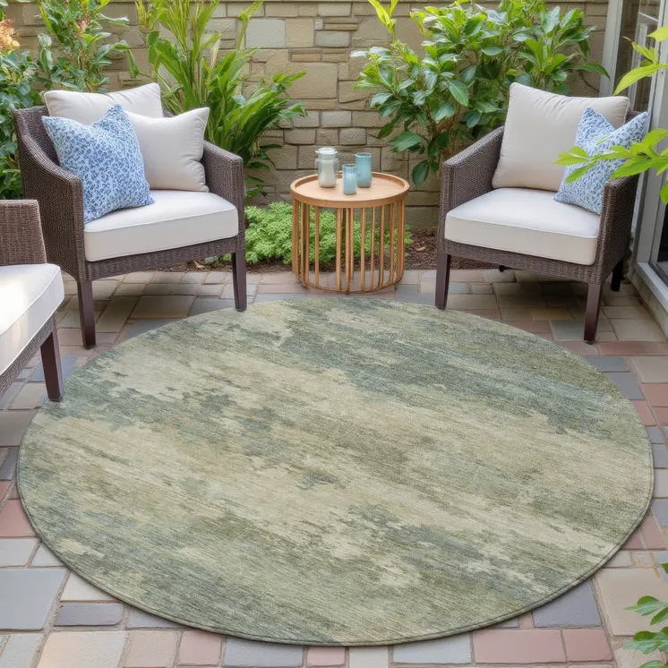 8' Pale Aqua And Khaki Round Abstract Washable Indoor Outdoor Area Rug