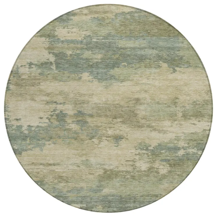 8' Pale Aqua And Khaki Round Abstract Washable Indoor Outdoor Area Rug