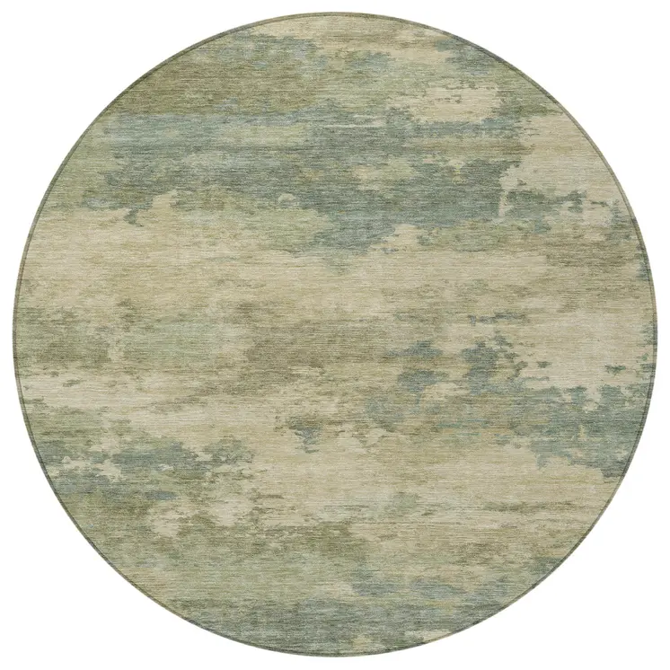 8' Pale Aqua And Khaki Round Abstract Washable Indoor Outdoor Area Rug