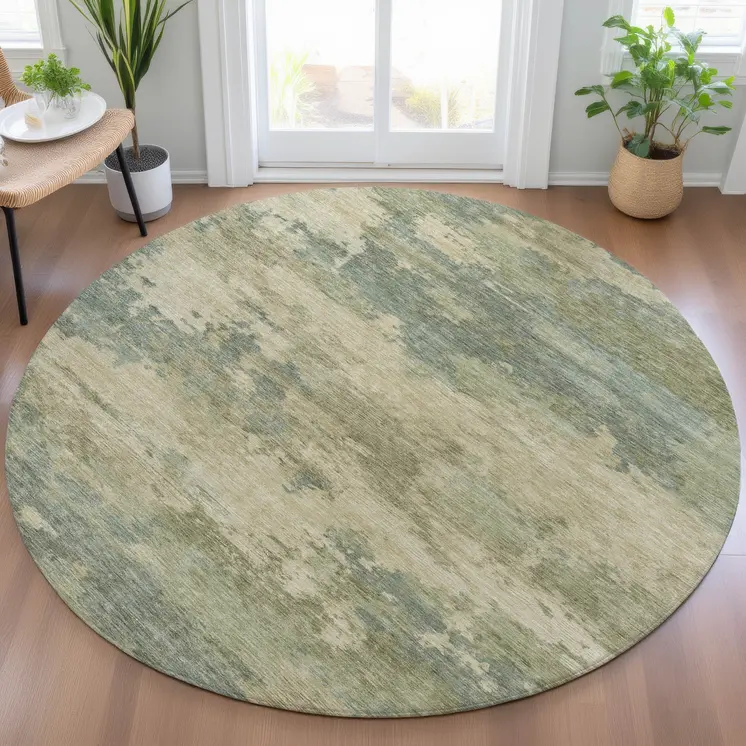 8' Pale Aqua And Khaki Round Abstract Washable Indoor Outdoor Area Rug