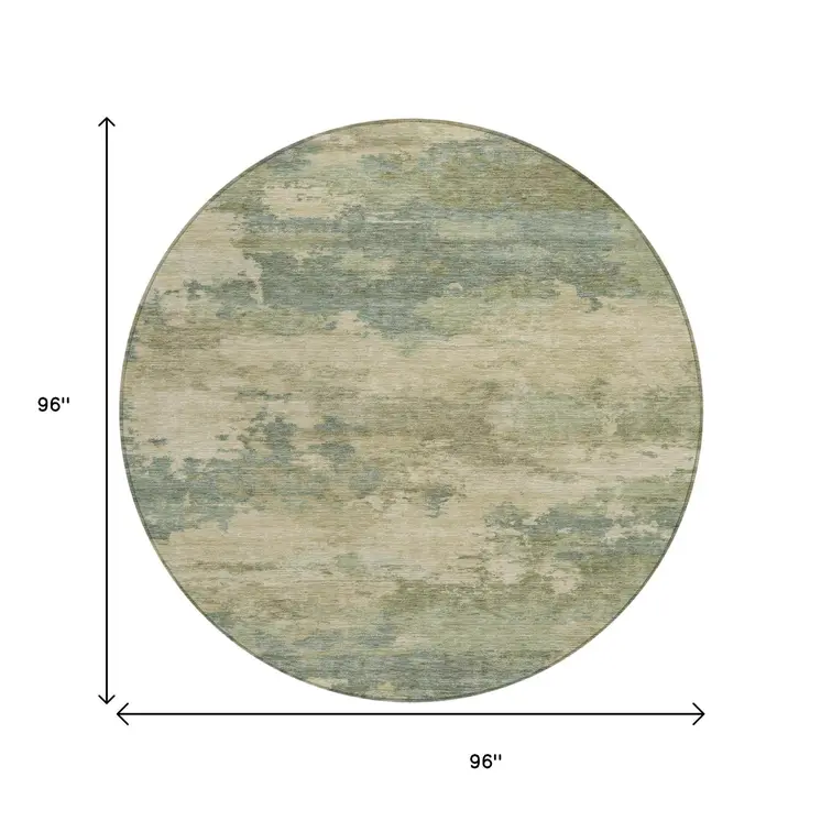 8' Pale Aqua And Khaki Round Abstract Washable Indoor Outdoor Area Rug
