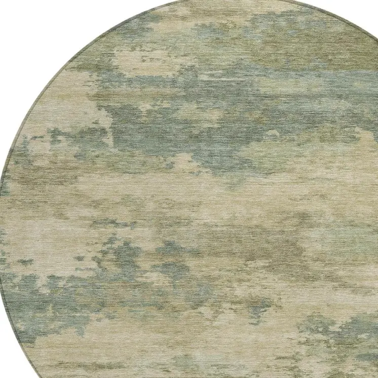 8' Pale Aqua And Khaki Round Abstract Washable Indoor Outdoor Area Rug