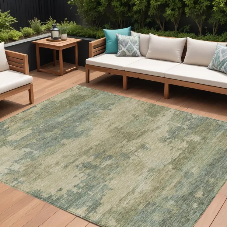8' X 10' Pale Aqua And Khaki Abstract Washable Indoor Outdoor Area Rug