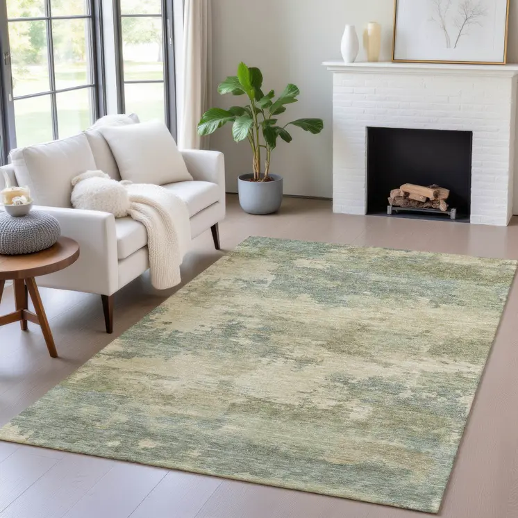 9' X 12' Pale Aqua And Khaki Abstract Washable Indoor Outdoor Area Rug