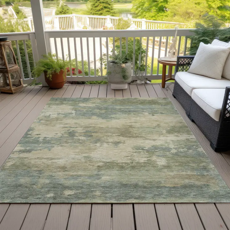 10' X 14' Pale Aqua And Khaki Abstract Washable Indoor Outdoor Area Rug