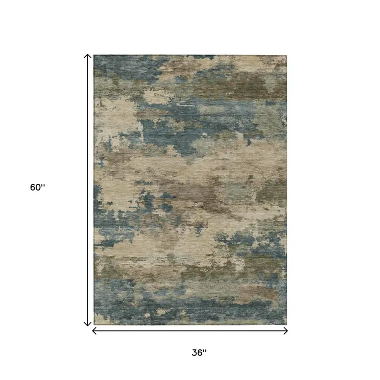 3' X 5' Teal Blue And Beige Abstract Washable Indoor Outdoor Area Rug