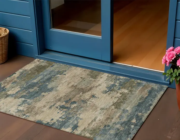 3' X 5' Teal Blue And Beige Abstract Washable Indoor Outdoor Area Rug