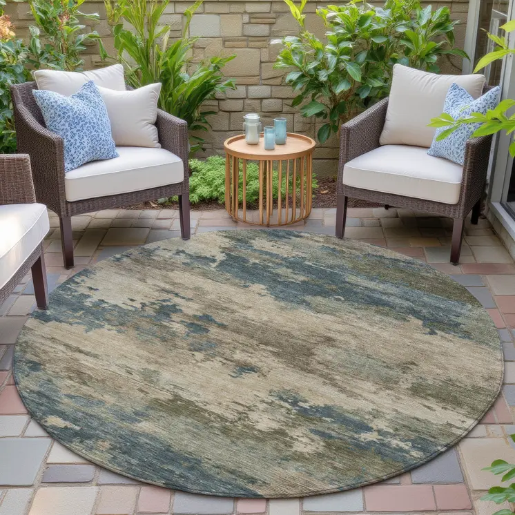 8' Teal Blue And Beige Round Abstract Washable Indoor Outdoor Area Rug