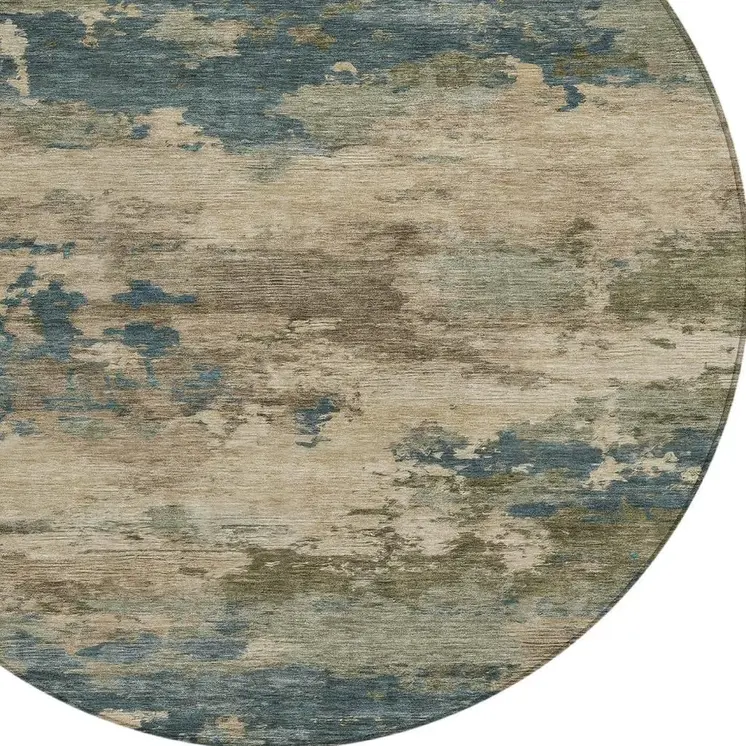 8' Teal Blue And Beige Round Abstract Washable Indoor Outdoor Area Rug