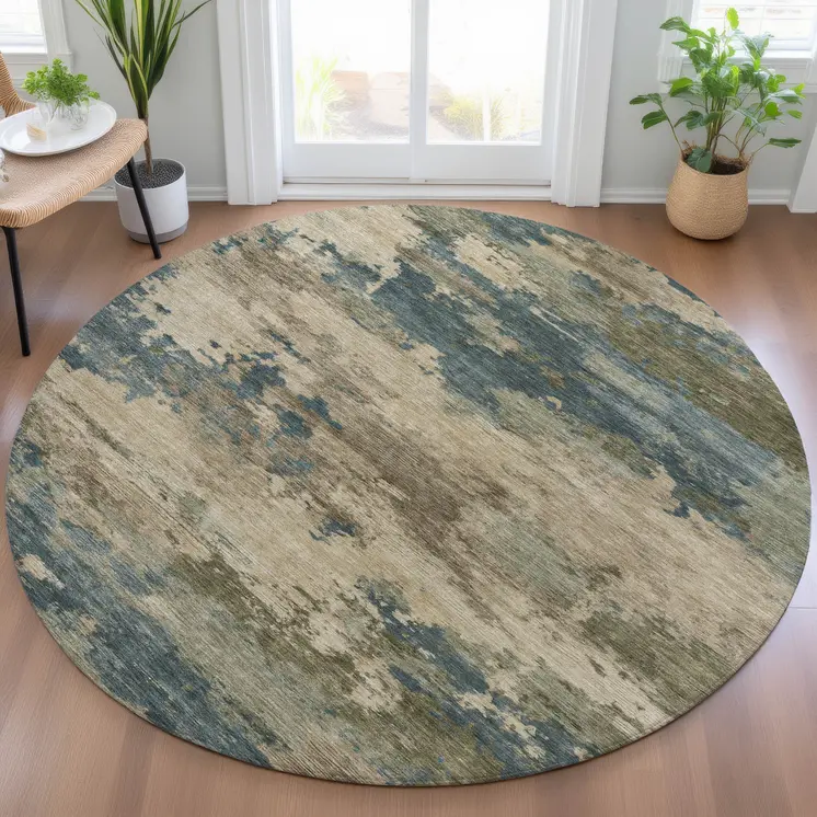 8' Teal Blue And Beige Round Abstract Washable Indoor Outdoor Area Rug