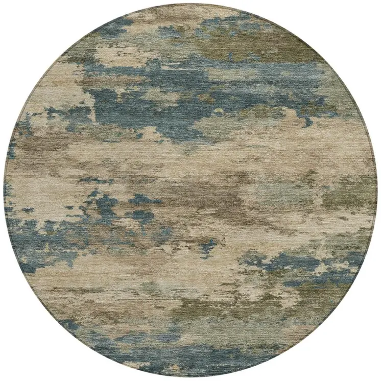 8' Teal Blue And Beige Round Abstract Washable Indoor Outdoor Area Rug