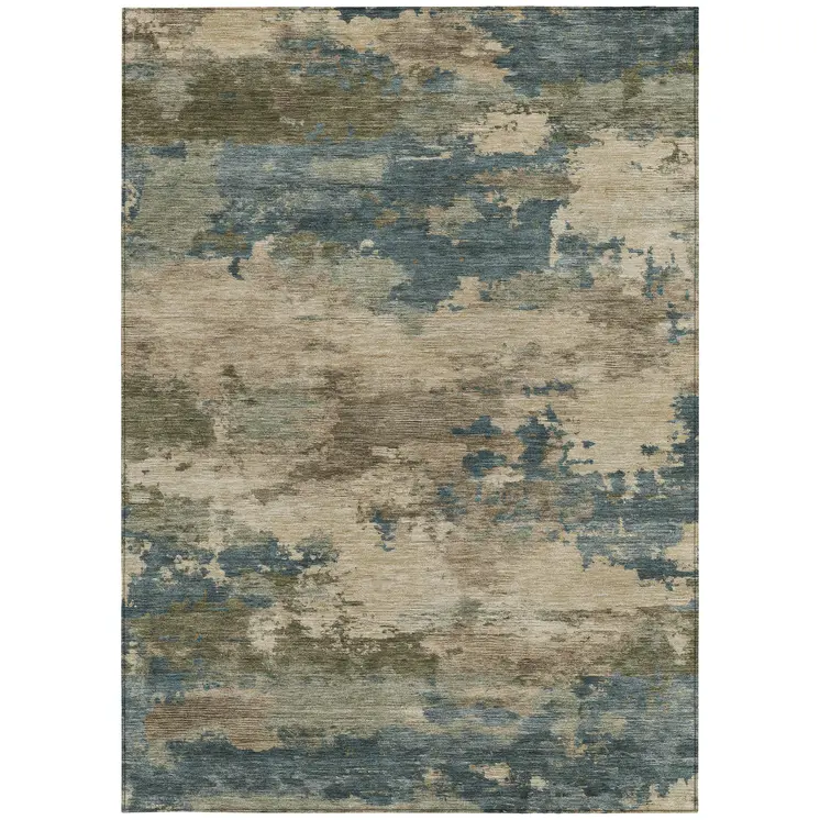 8' X 10' Teal Blue And Beige Abstract Washable Indoor Outdoor Area Rug