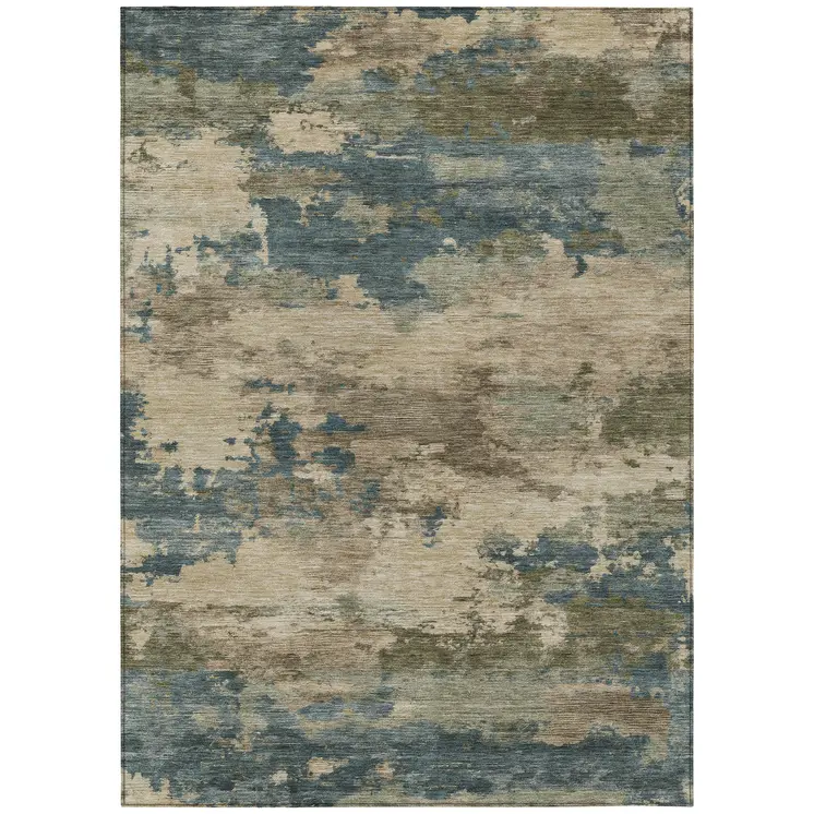 8' X 10' Teal Blue And Beige Abstract Washable Indoor Outdoor Area Rug