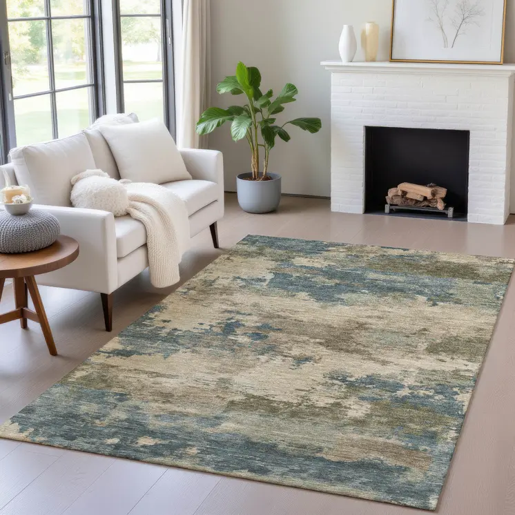 8' X 10' Teal Blue And Beige Abstract Washable Indoor Outdoor Area Rug