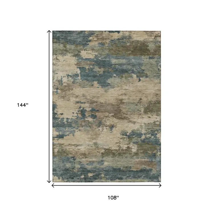 9' X 12' Teal Blue And Beige Abstract Washable Indoor Outdoor Area Rug