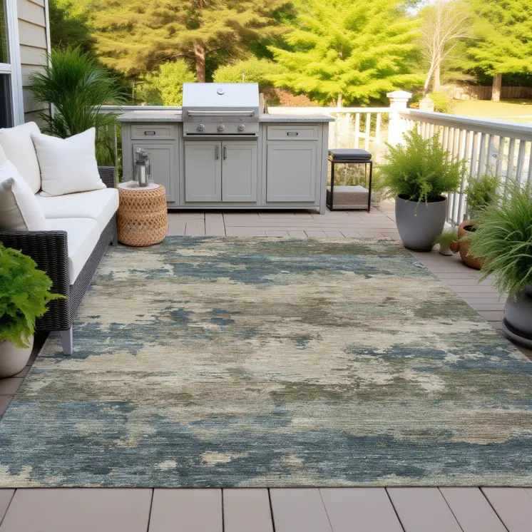 9' X 12' Teal Blue And Beige Abstract Washable Indoor Outdoor Area Rug