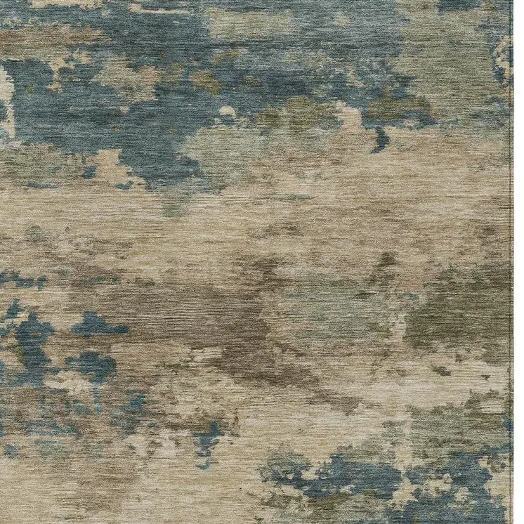 9' X 12' Teal Blue And Beige Abstract Washable Indoor Outdoor Area Rug